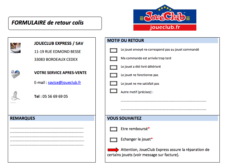 Formulaire Retour JouéClub