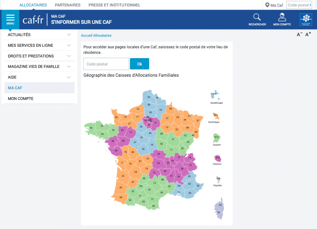 Capture écran de la carte des CAF de France