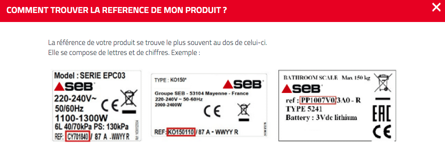 Référence produit SEB