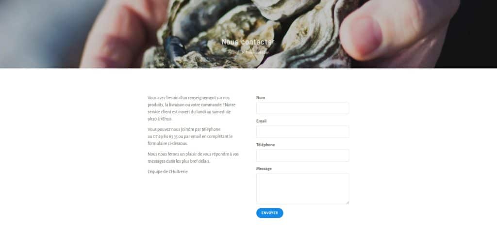 Page de contact du site l'huitrerie
