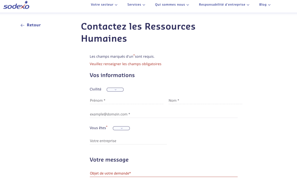 formulaire de contact Sodexo